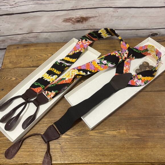 Hawaiian Floral Lei SUSPENDERS BRACES Black Tie Event Formal Tuxedo Men's Wear - Picture 1 of 9